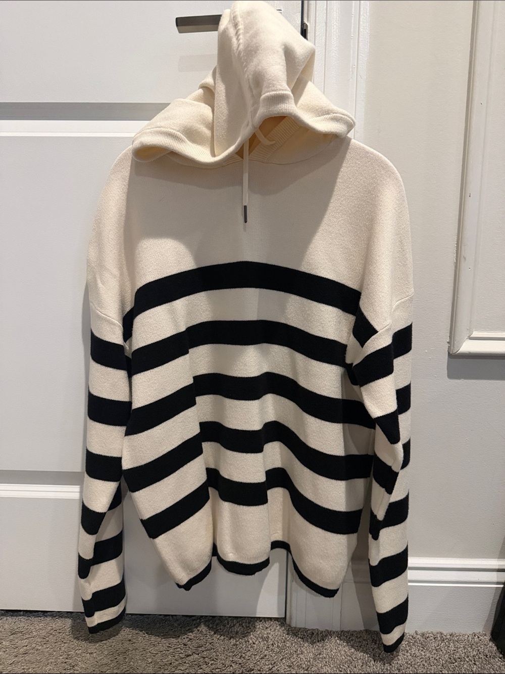 Cream and Black Striped Hooded Sweater
